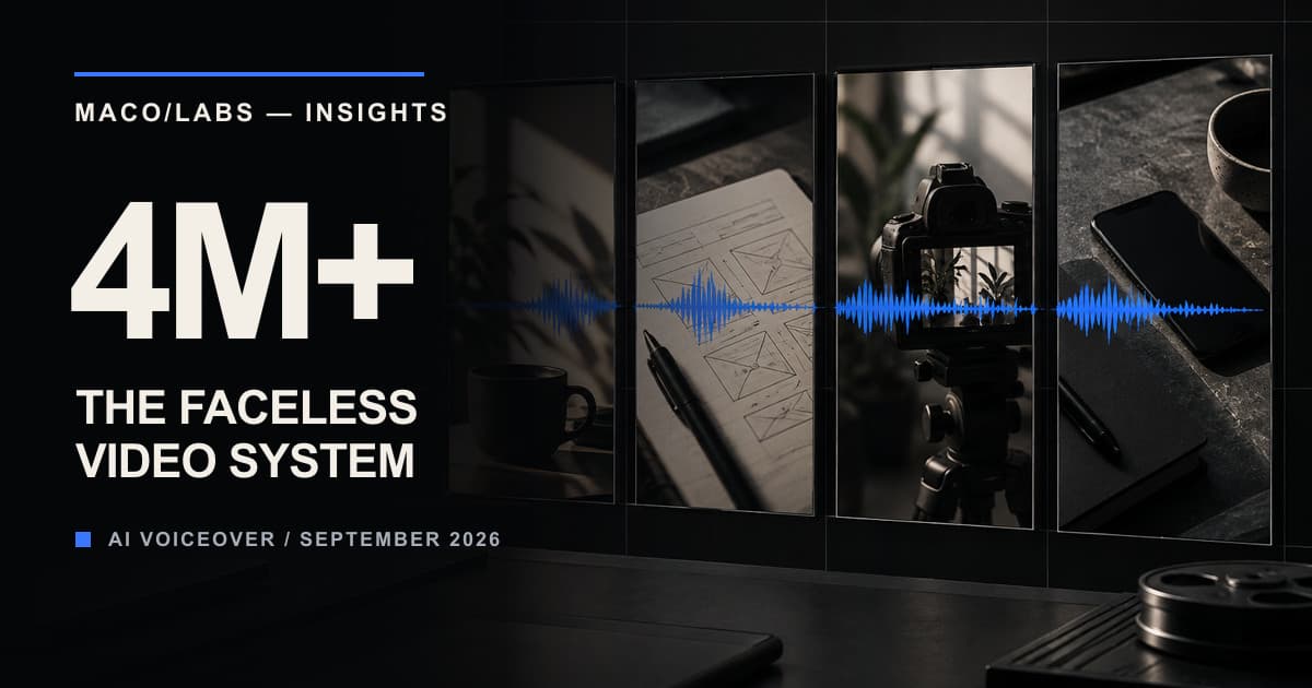Four vertical faceless video frames connected by an audio waveform beside the text 4M+ The Faceless Video System