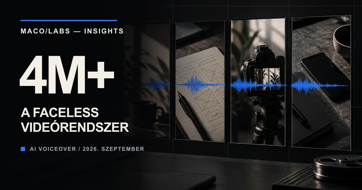 Négy vertikális faceless videókeret közös audiohullámmal és a 4M+ A faceless videórendszer felirattal